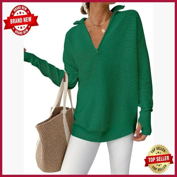 Long Sleeve Quarter Zip Pullover Sweater Ribbed Knit Thumb Hole Loose Fit - Picture 1 of 7